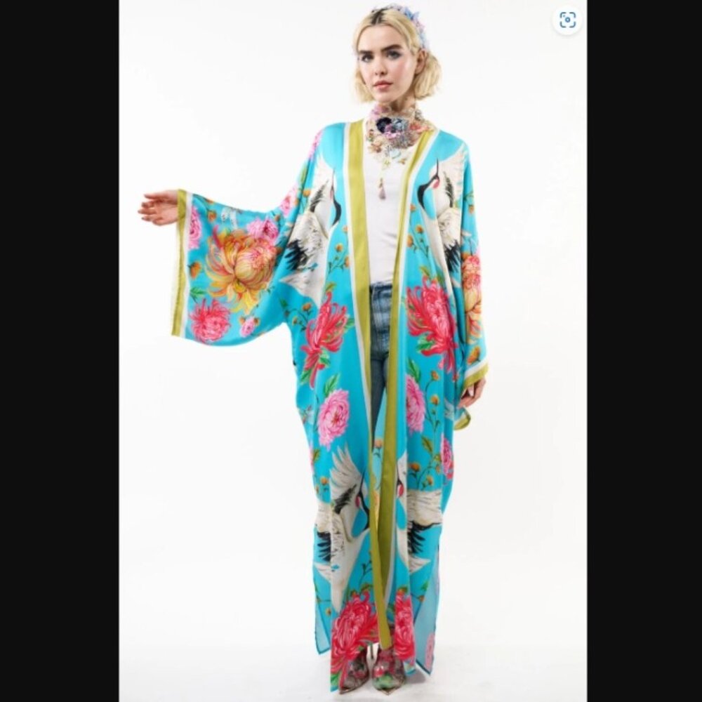 Aratta Women Chic Aqua Floral The Legend Of The Crane Maxi Kimono one size NWT